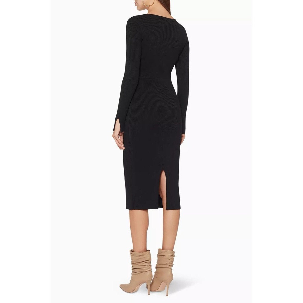 Jonathan Simkhai V-Neck Ribbed Stretchy Black Midi Dress Long Sleeve Cocktail - Picture 3 of 16